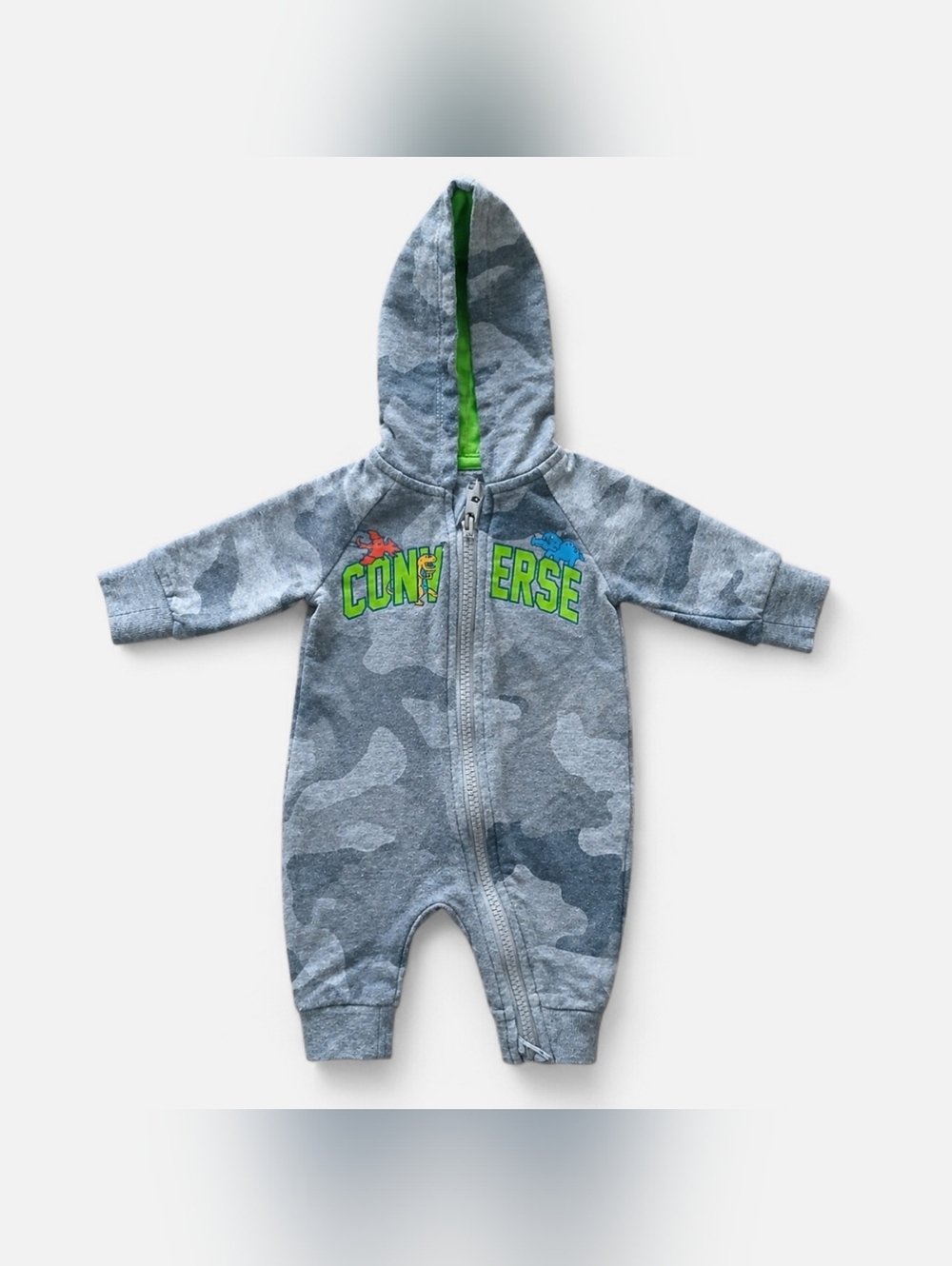 Newborn Baby Converse Grey Camo Dinosaur Print Hooded Cotton One-Piece